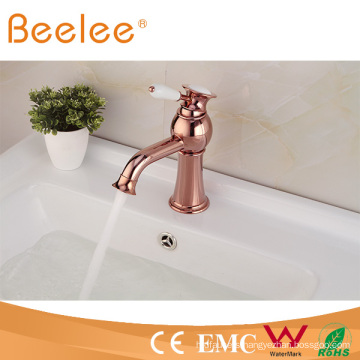 2015 Low Arc Rose Gold Basin Faucet with Ceramic Lever Handle Ql14028b